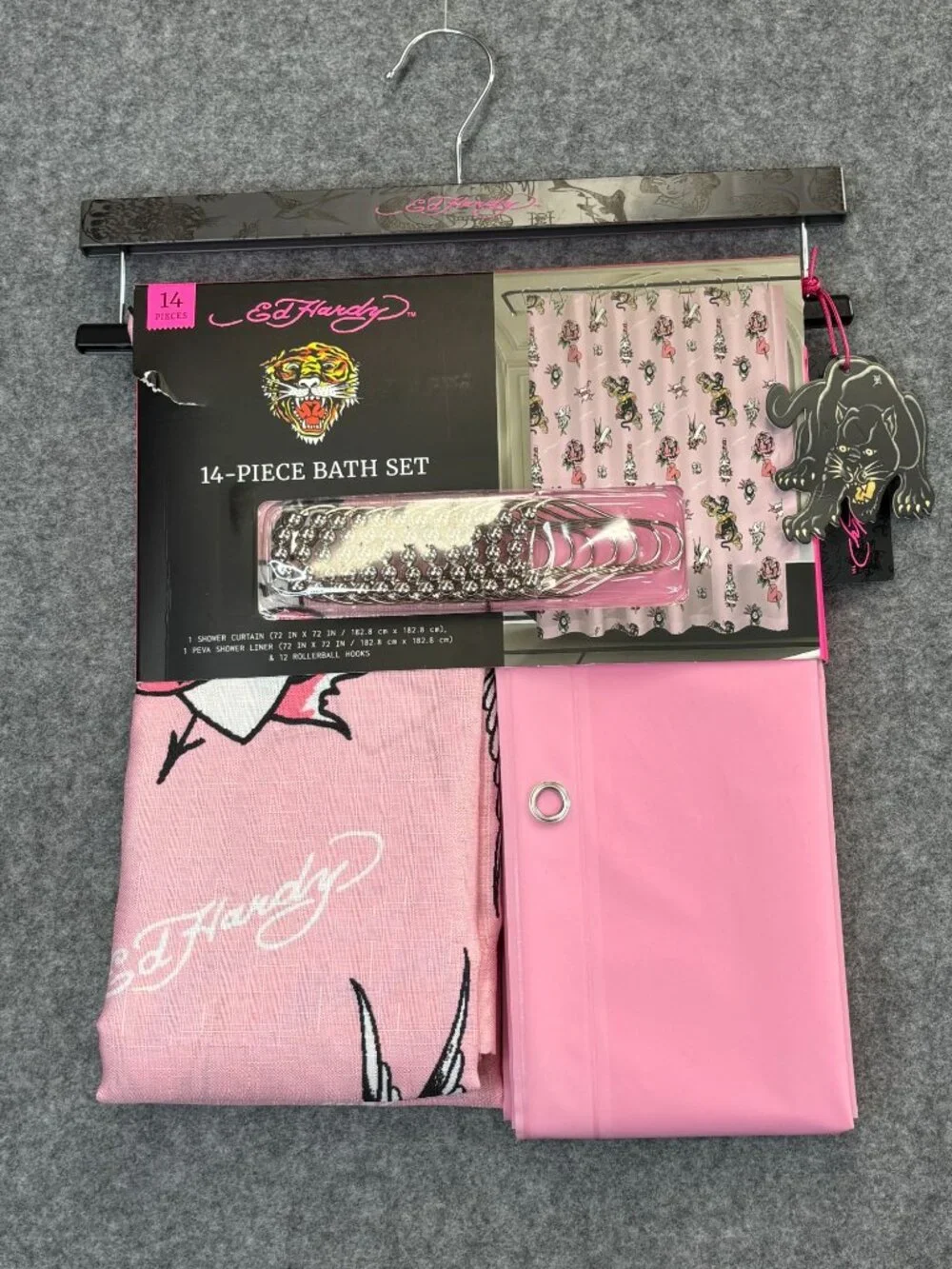Ed Hardy Shower Curtain Set w 14 Piece w Hooks & Liner Pink Hearts Panther Snake